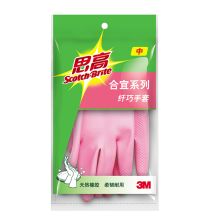 3M 橡胶手套 纤巧型防水防滑家务清洁手套 棉质内里洗碗手套中号 樱花粉